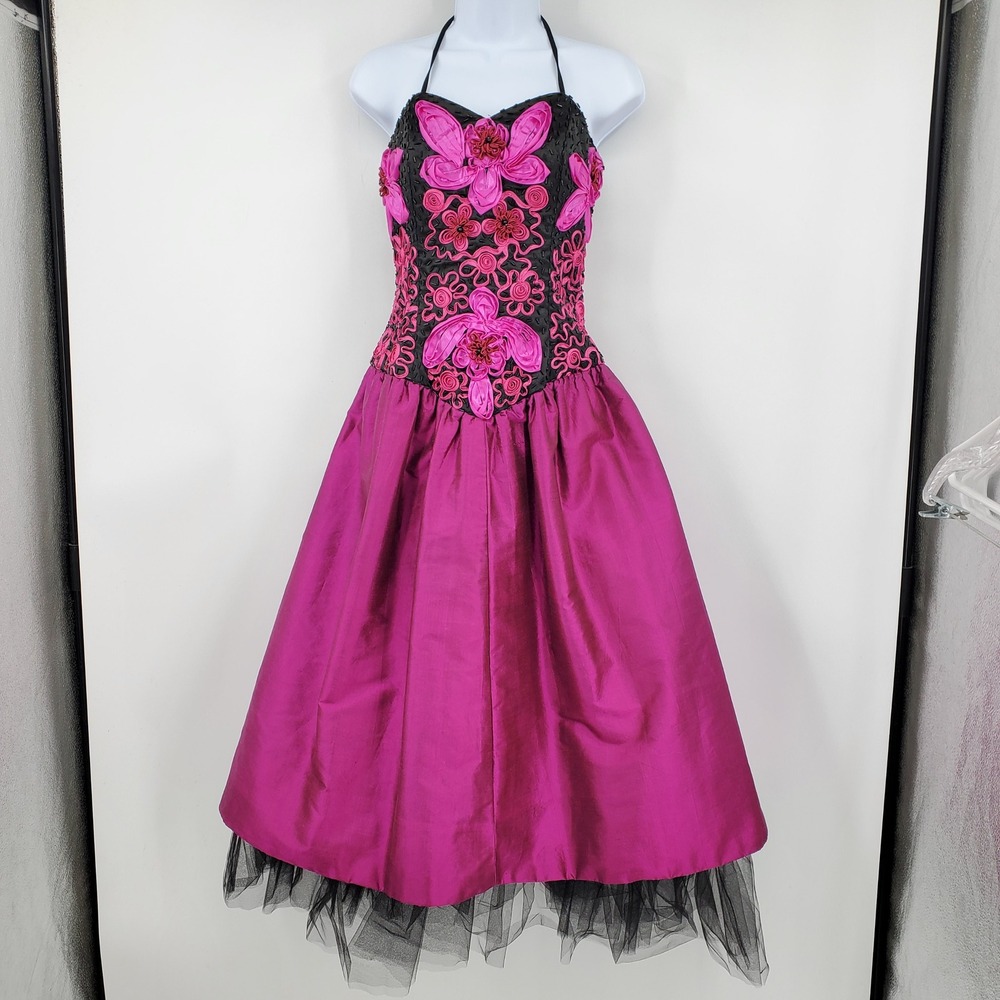 Vintage Fayaz Designs 100% Silk Pink Black Beaded Rosette Halter Gown Dress 40